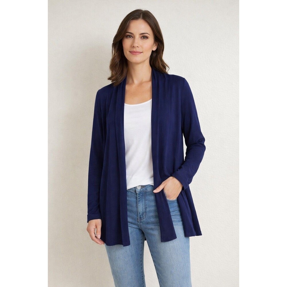 Susan Graver Lustra Knit Open-Front Cardigan Dark Blue Women's Size Medium